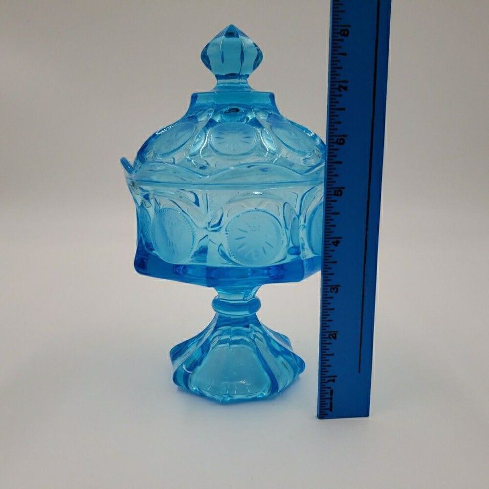 Fostoria Wedding Bowl with Lid Blue Glass Coin Medallion Covered Pedestal Dish - Picture 14 of 16